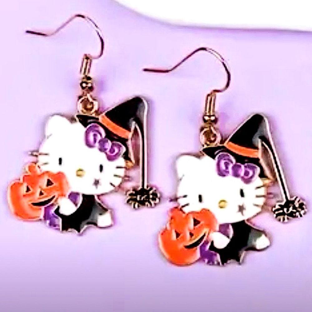 Hk Witch Earrings Spooky Halloween Hello Kitty Cute Pumpkin Drop Dangle Gift New